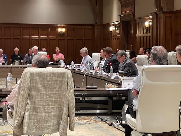 The Georgia Athletic Association board of directors, led by UGA President Jere Morehead and Athletic Director Josh Brooks, met Thursday in their annual end-of-year meeting in the ballroom at the Ritz Carlton Lodge on Lake Oconee in Greensboro. (Photo by Chip Towers/chip.towers@ajc.com)