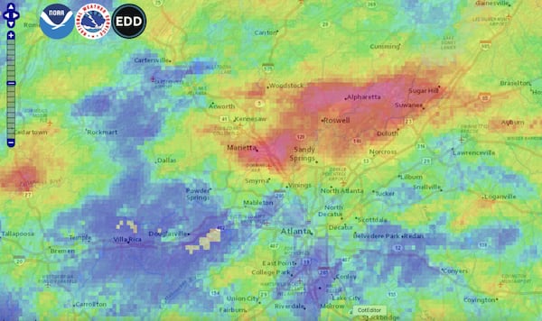 A National Oceanic and Atmospheric Administration (NOAA) flood map shows Marietta and large swaths of north Fulton absorbed the brunt of the storm that struck metro Atlanta overnight Sept. 7, 2021. The pink portions of the map show areas where five to six inches of rain fell. (Provided by Cobb County)