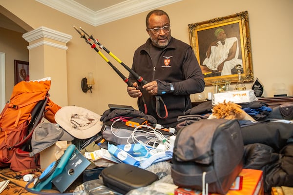 C. David Moody, Jr. prepares Wednesday, Jan 11, 2023 for his trek up Mount Kilimanjaro. (Jenni Girtman for Atlanta Journal-Constitution)