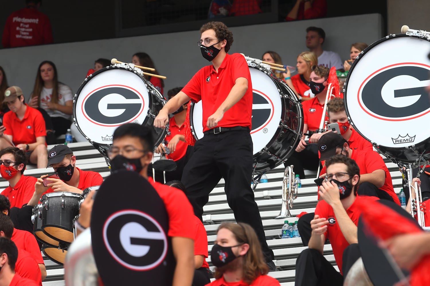 A Georgia band member dances in the stands before a football game against Tennessee, Saturday, Oct. 10, 2020, at Sanford Stadium in Athens. JOHN AMIS FOR THE ATLANTA JOURNAL- CONSTITUTION