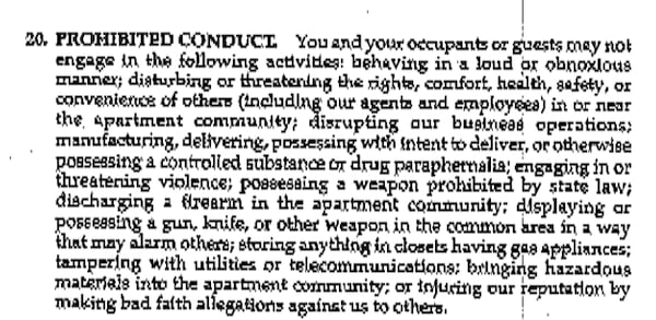 An eviction notice obtained by AJC.com claims Laquilla Vaughn violated the "prohibited conduct" clause of her lease, pictured here. (Photo: Drew Gilliland)