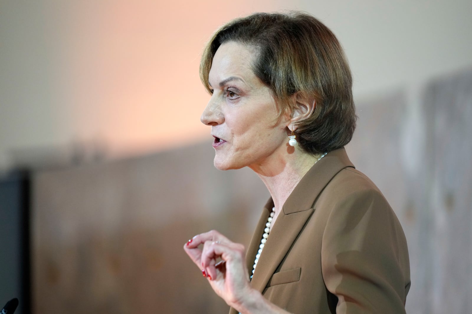 American journalist and historian Anne Applebaum delivers a speech after she was awarded the Peace Prize of the German Publishers and Booksellers Association during a ceremony at the St. Paul's Church in Frankfurt, Germany, Sunday, Oct. 20, 2024.(AP Photo/Martin Meissner, Pool)