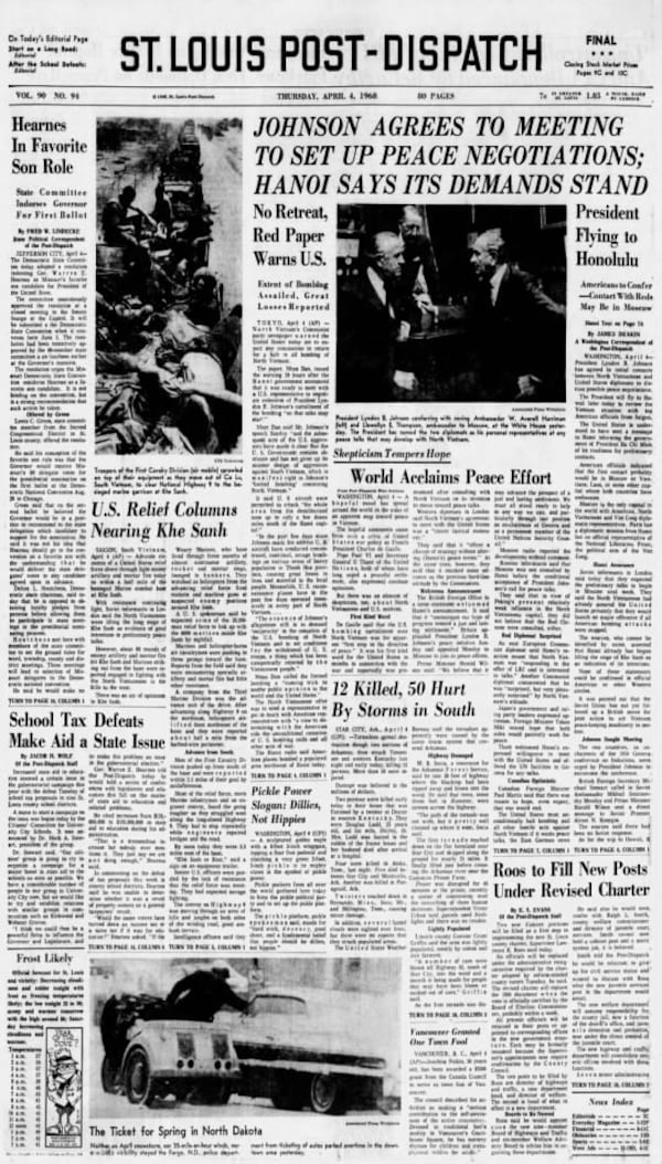 The Saint Louis Dispatch front page from April 4, 1968.