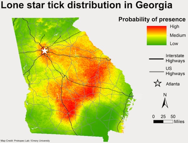 Emory researchers sampled sites across the state and developed maps showing where lonestar ticks are likely to be. The previous data was limited to the county level. (Prokopec Lab/Emory University)