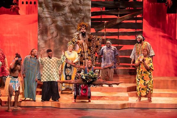 "Black Nativity: a Gospel Christmas Musical Experience" runs from Dec. 7-17 at Georgia Tech.  Lawrence Flowers (second from the far left) and Chris Hagan (third from the far right, behind the dancer) are among the stars of the production. Credit: Shoccara Marcus