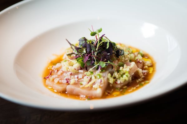  Hamachi with ginger ponzu vinaigrette, cucumber radish, and Pink Lady apple. Photo credit- Mia Yakel.