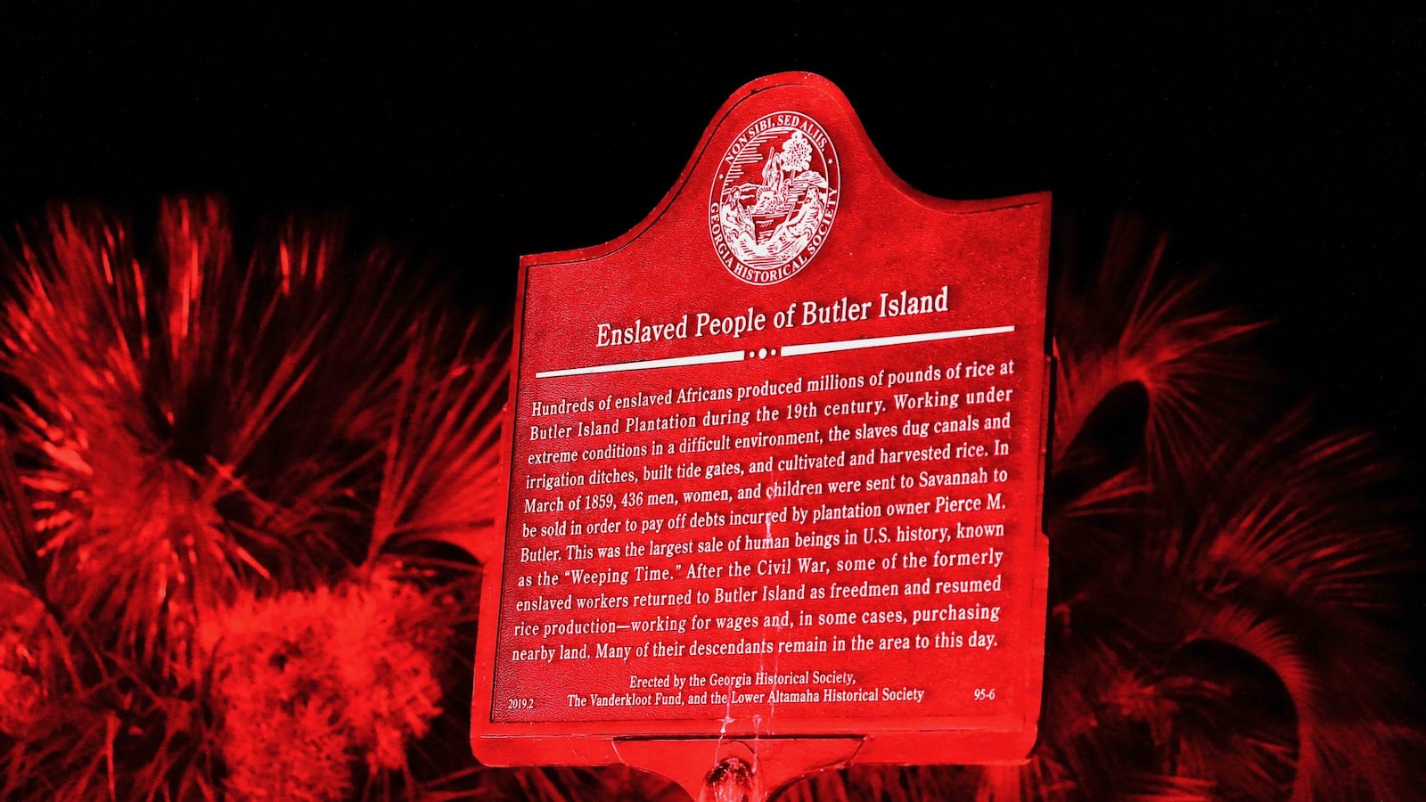 A historic marker dedicated to “The Weeping Time,” the largest sale of enslaved persons in U.S. history, at Butler Plantation, McIntosh County, Georgia, June 26, 2024. (Photo Courtesy of Robin Kemp/The Current GA)