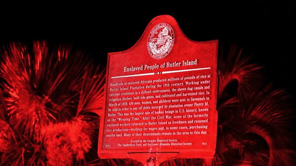 A historic marker dedicated to “The Weeping Time,” the largest sale of enslaved persons in U.S. history, at Butler Plantation, McIntosh County, Georgia, June 26, 2024. (Photo Courtesy of Robin Kemp/The Current GA)