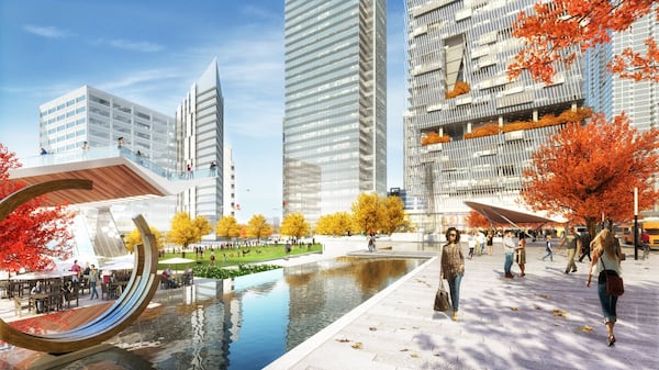 A rendering shows design concepts for the Stitch, a proposal to cover a portion of the Downtown Connector with parks and a restored street grid. The U.S. Department of Transportation just awarded a $157.6 million grant to build the first phase of the project. The overall cost of the project is estimated at $713 million. Renderings by Jacobs