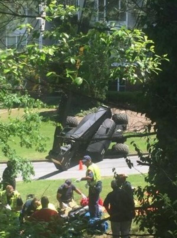  Derrick Douglas was in the bucket of a boom lift machine when it tipped over at a construction site at a Cobb County apartment complex. CHANNEL 2 ACTION NEWS