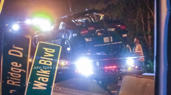 A Clayton County police cruiser was heavily damaged in the crash Thursday morning on Garden Walk Boulevard.