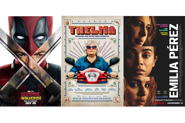 This combination of images shows promotional art for the films "Deadpool & Wolverine," from left, "Thelma", and "Emilia Perez" (The Walt Disney Studios/Magnolia Pictures/Netflix via AP)