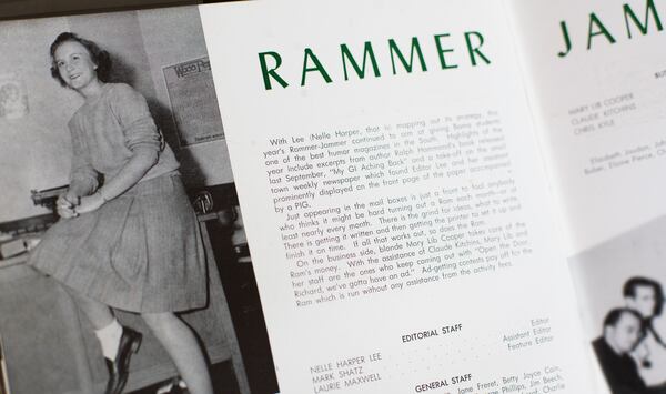 The Harper Lee collection at Emory includes a 1947 University of Alabama yearbook, “The Corolla,” which features a photo and article about Lee, who was editor of the Rammer-Jammer, the campus humor magazine. Photo by Ann Borden/Emory University.