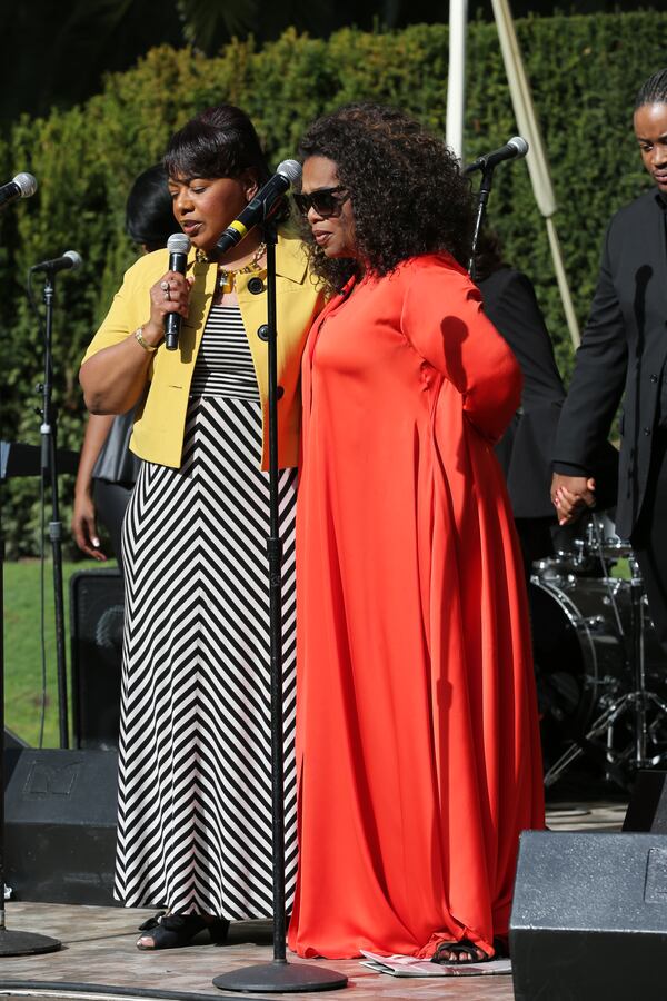 12 7 2014 Legends Ball Gospel Brunch Rev. Bernice King (left) leading prayer with Oprah Winfrey (right) at Winfrey’s “Celebrating Selma &amp; The Legends Who Paved The Way” gospel brunch on Sunday, December 7, 2014 at Winfrey’s home in Santa Barbara, CA.   Courtesy of Harpo Studios, Inc.