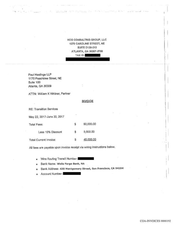 Former City Attorney Cathy Hampton submitted this undated bill to the Paul Hastings LLP law firm for consulting. No company with the name HCG Consulting Group is registered in Georgia. The company’s address appears to be that of a UPS store. It indicates that Hampton’s consulting work began on May 22, 2017, the Monday after Hampton’s resignation from the city attorney position became effective. Near the bottom of the invoice is a request for Paul Hastings to wire the money to a Wells Fargo account.