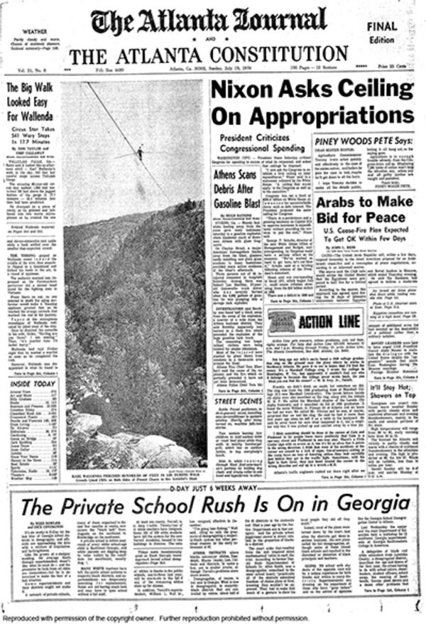 July 19, 1970 -- Sunday's combined AJC detailed Karl Wallenda's skywalk over Tallulah Gorge for readers.