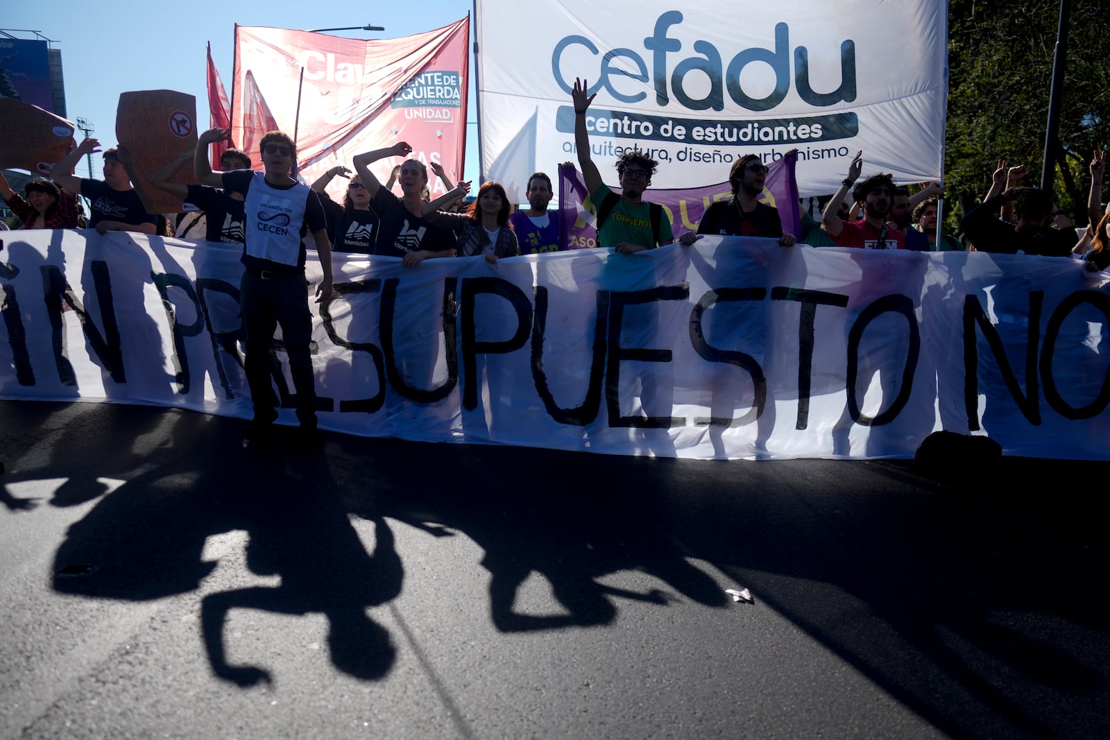 Students block a highway to protest President Javier Milei's veto of a law to increase funding for public universities in Buenos Aires, Argentina, Wednesday, Oct. 16, 2024. (AP Photo/Natacha Pisarenko)