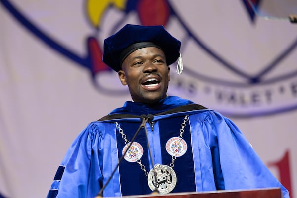 Georgia State University President M. Brian Blake speaks at Georgia State University College of Arts and Sciences’ afternoon bachelor’s graduation ceremony in Atlanta on Thursday, May 4, 2023. (Arvin Temkar / arvin.temkar@ajc.com)