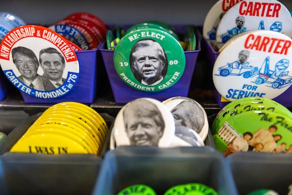 Jimmy Carter memorabilia is seen at Plains Trading Post in Plains on Sunday, February 19, 2023. (Arvin Temkar / arvin.temkar@ajc.com)