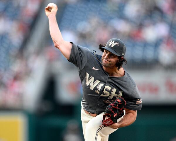 FILE - Washington Nationals relief pitcher Kyle Finnegan delivers during a baseball game against the Miami Marlins, Sept. 14, 2024, in Washington. (AP Photo/Nick Wass, File)