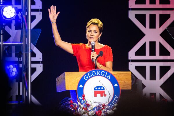 Former Republican gubernatorial candidate Kari Lake speaks at the Georgia GOP convention in Columbus on Friday, June 9, 2023. (Arvin Temkar / arvin.temkar@ajc.com)