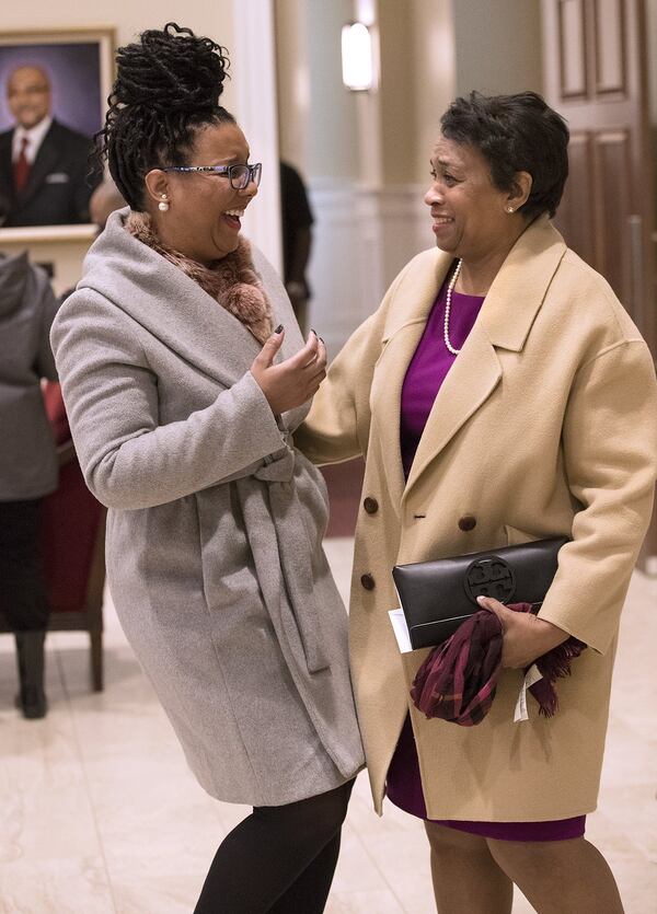 Church members Sadie Dennard (right) and Janine Anthony laugh at Friendship Baptist Church on Sunday, Jan. 20, 2019, in Atlanta. CURTIS COMPTON / CCOMPTON@AJC.COM