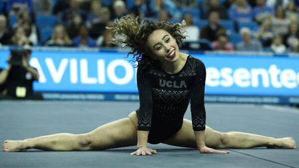 Katelyn Ohashi of UCLA during an NCAA college gymnastics match, Friday, Jan. 4, 2019, in Los Angeles.