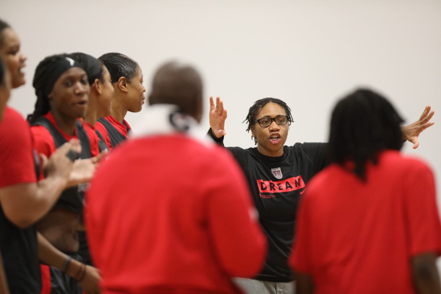 Atlanta Dream head coach Tanisha Wright speaks with the team during a practice session on Monday, April 18, 2022. Miguel Martinez/miguel.martinezjimenez@ajc.com