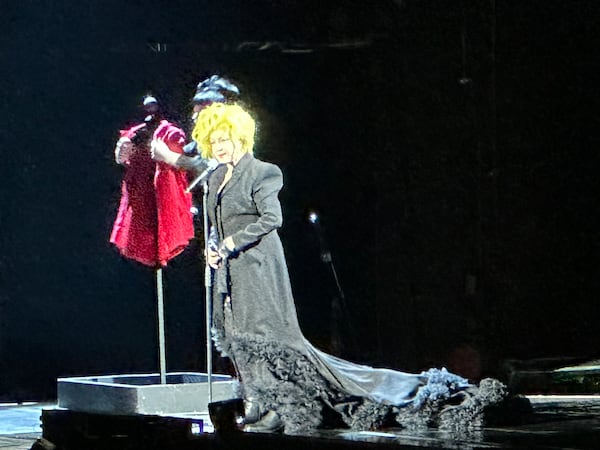 This Christian Soriano outfit, Cyndi Lauper said, was to give her fans a bit of "glamor" while singing "Sally's Pigeons" at her nearly sold-out State Farm Arena stop in Atlanta Nov. 10, 2024. RODNEY HO/rho@ajc.com