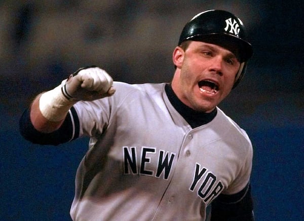 Jim Leyritz celebrates after tying Game 4 of the 1996 World Series with a three-run homer.