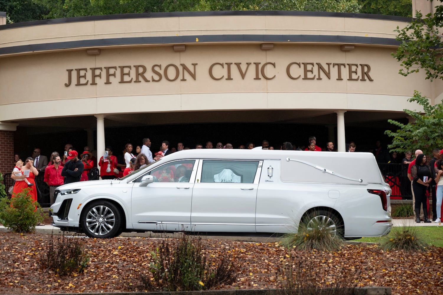 The hearse arrives at the Jefferson Civic Center for the funeral of Mason Alexander Schermerhorn on Saturday, Sept. 14, 2024.   Ben Gray for the Atlanta Journal-Constitution