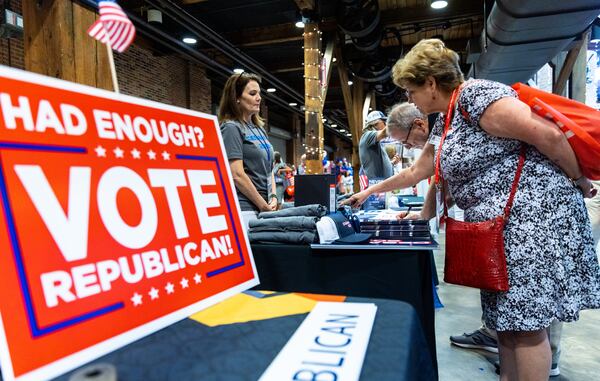 Attendees are seen at the Georgia GOP convention in Columbus on Friday, June 9, 2023. (Arvin Temkar/The Atlanta Journal-Constitution)