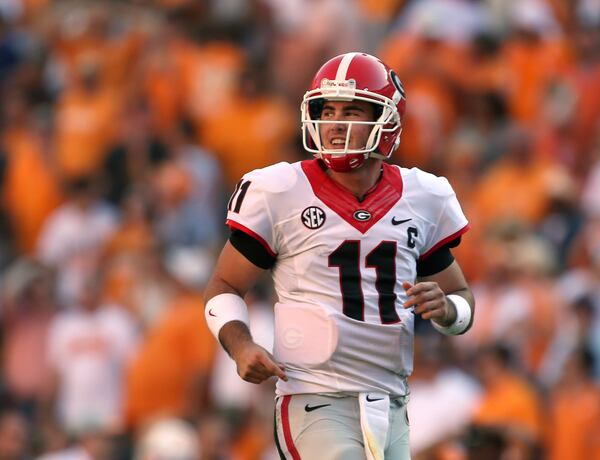 Georgia Bulldogs quarterback Aaron Murray (11) reacts after wide receiver Chris Conley caught a tipped pass on a fourth down conversion in the first half of their game at Neyland Stadium Saturday afternoon in Knoxville, Tn., October 5, 2013.