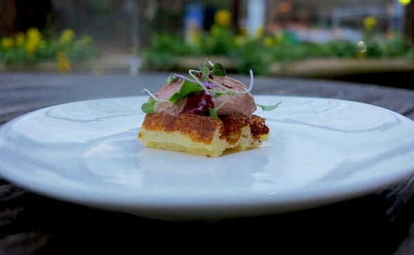 Chicken Liver Mousse With Belgian Waffle and Cranberry Gastrique. Credit: Chris Hall/Local Three.