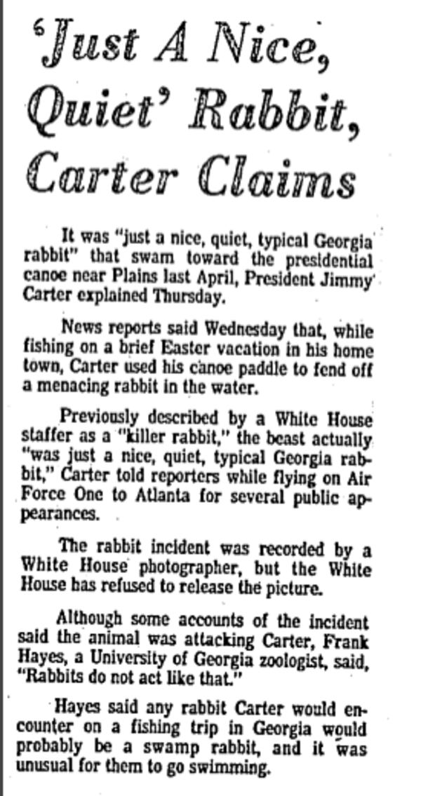 Newspapers had fun with the killer rabbit story. This is a clipping of a small item in The Atlanta Constitution, Aug. 31, 1979. (AJC archives)