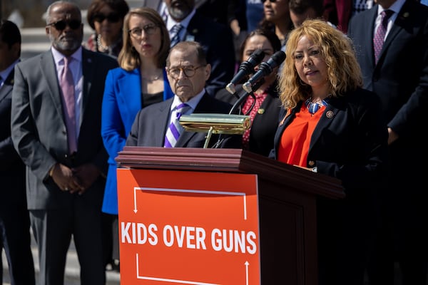 Congresswoman Lucy McBath (D-GA) speaks at a House Democratic press conference on gun violence on March 29th, 2023 in Washington, DC. (Nathan Posner for the Atlanta Journal-Constitution)