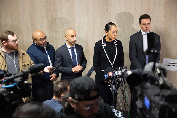 District Attorney Brooke Jenkins makes remarks at the Hall of Justice during the murder trial of Nima Momeni Tuesday, Dec. 17, 2024, in San Francisco. (AP Photo/Benjamin Fanjoy)