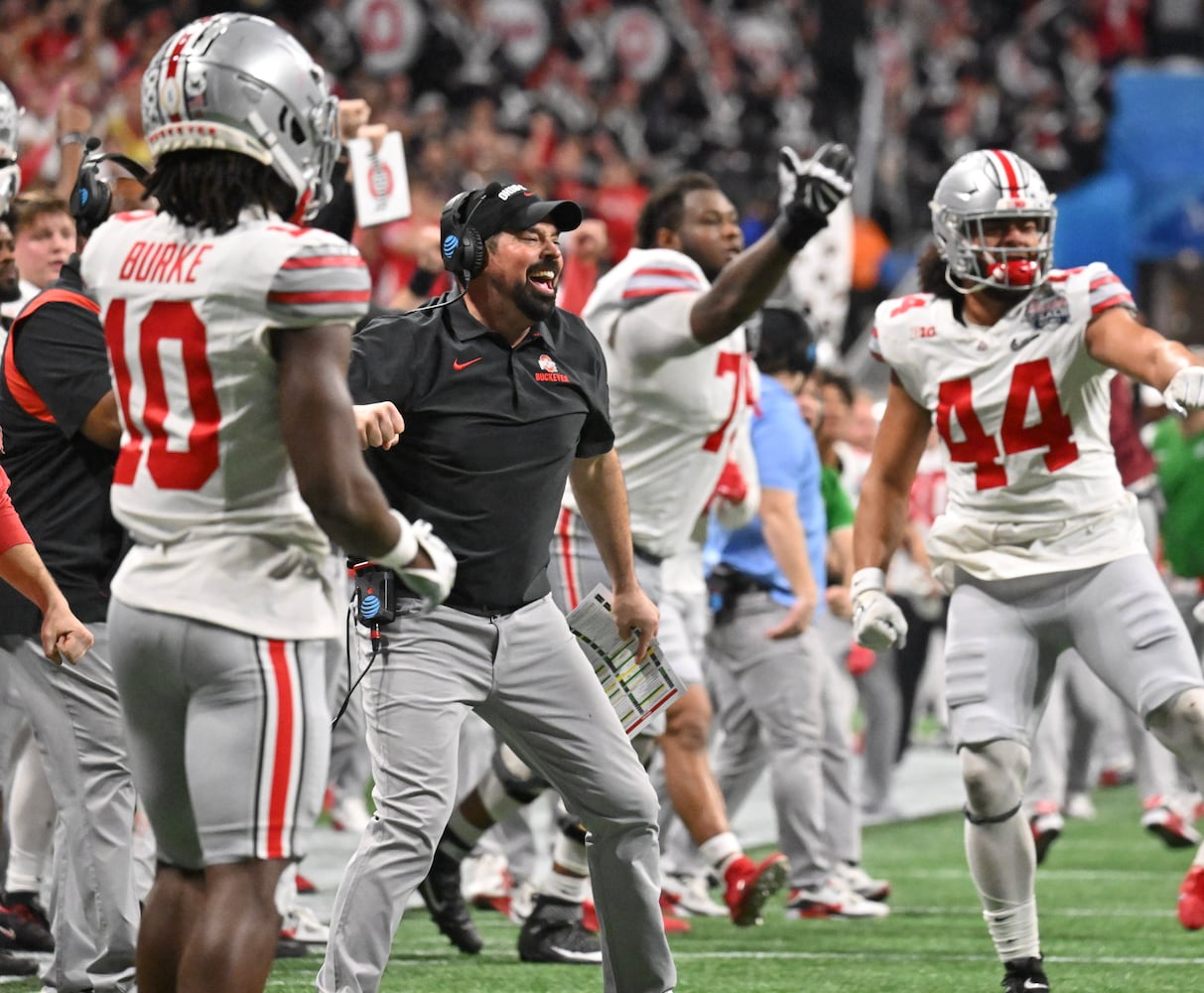 Ohio State Buckeyes head coach Ryan Day reacts during the College Football Playoff Semifinal between the Georgia Bulldogs and the Ohio State Buckeyes at the Chick-fil-A Peach Bowl In Atlanta on Saturday, Dec. 31, 2022. (Hyosub Shin / Hyosub.Shin@ajc.com)