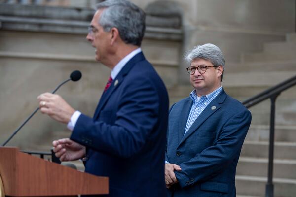 11/11/2020 —  Atlanta, Georgia — Gabriel Sterling (right), Voting System Implementation Manager with the Georgia Secretary of State’s office, stands with Georgia Secretary of State Brad Raffensperger as he announces the start of a hand recount of the November 3 presidential election during a briefing outside of the Georgia State Capitol building in downtown Atlanta, Wednesday, November 11, 2020.  (Alyssa Pointer / Alyssa.Pointer@ajc.com)