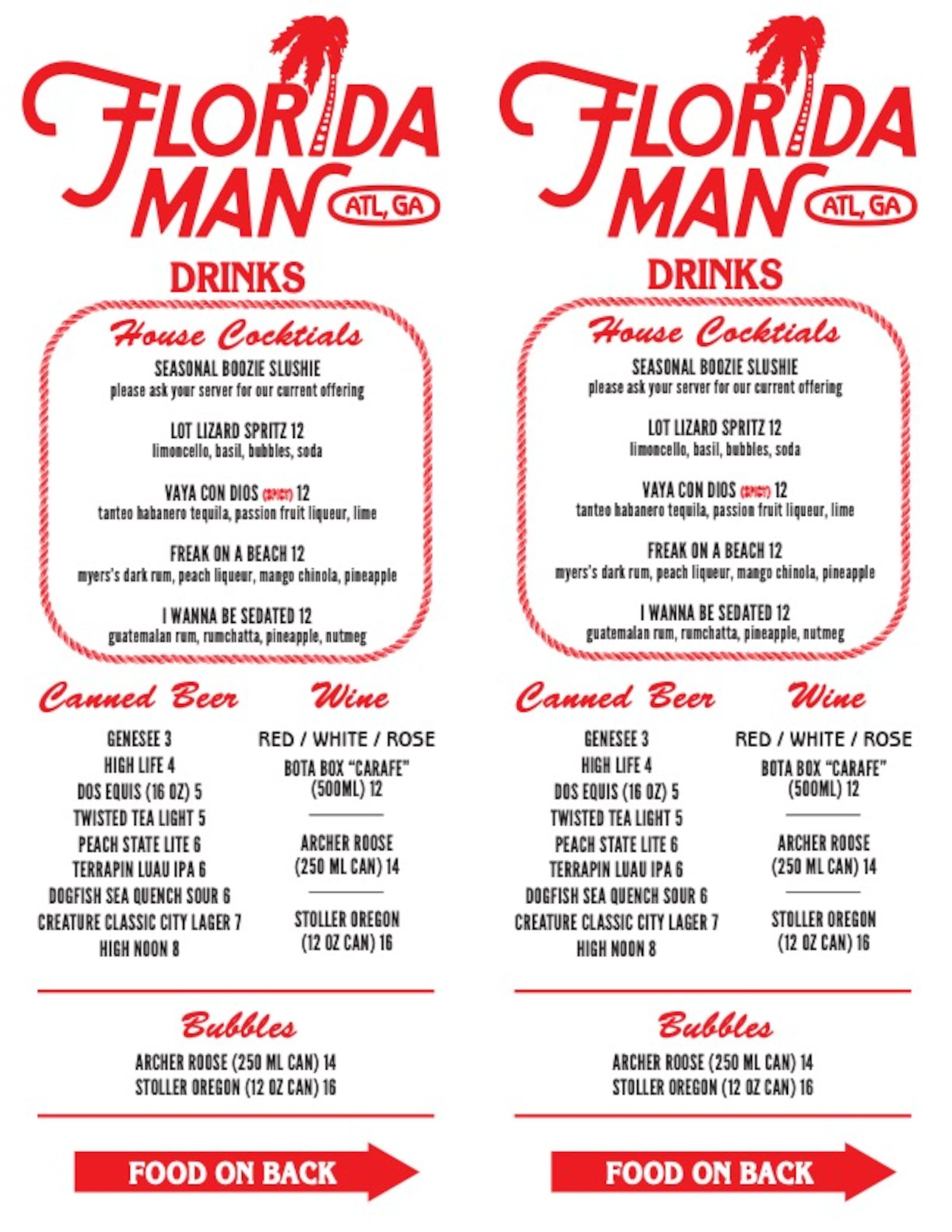 The Floridaman menu.