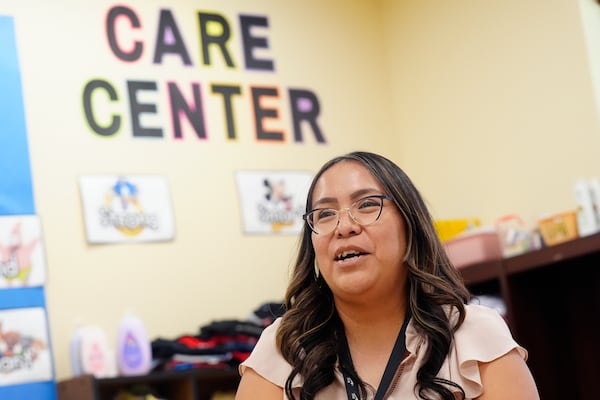 Paula Wilson, cultural success coach at Rice Primary School talks about the Care Center Tuesday, Aug. 27, 2024, in San Carlos, Ariz. (AP Photo/Ross D. Franklin)