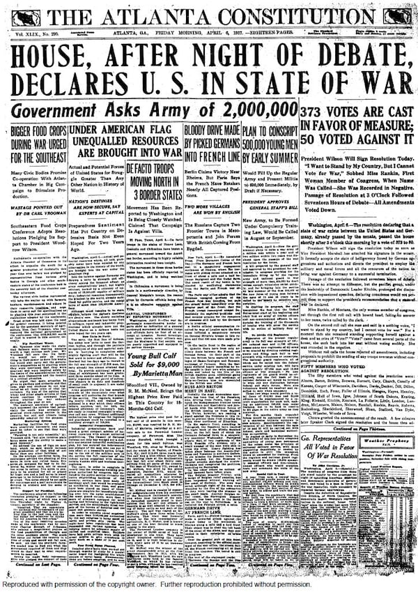 The Atlanta Constitution reported that the United States was in a state of war on April 6, 1917.