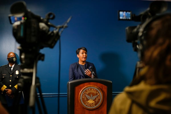 Atlanta Mayor Keisha Lance Bottoms speaks at Tuesday's press conference focused on public safety. (Rebecca Wright for the Atlanta Journal-Constitution)