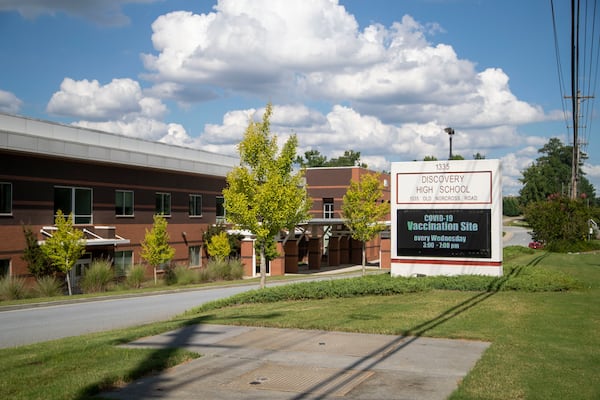 The exterior of Discovery High School in Lawrenceville, which hosted a vaccination event on Wednesday, August 18, 2021. (Alyssa Pointer/Atlanta Journal Constitution)