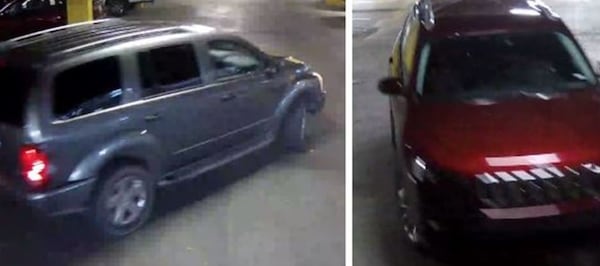 FBI said the men left in two cars: a red Jeep Compass or Cherokee with chrome rims, and a silver or gray Dodge Durango. Both had paper tags. (Credit: FBI Atlanta)