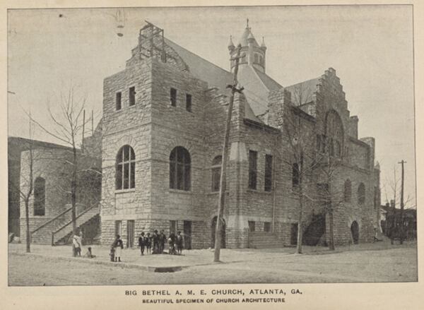 Circa 1900: Big Bethel A.M.E. Church, as it appeared  in its original Victorian style. A fire in 1923 gutted the building. It was restored over the next decade by architect J.A. Lankford and builder Alexander Hamilton in the Romanesque Revival style. The famous spire with the "Jesus Saves" sign was installed during the restoration. (Schomburg Center at New York Public Library)