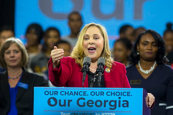 11/02/2018 -- Atlanta, Georgia -- Sarah Riggs Amico, Democratic nominee for Lieutenant Governor, )speaks during a rally for gubernatorial candidate Stacey Abrams in Forbes Arena at Morehouse College, Friday, November 2, 2018.  (ALYSSA POINTER/ALYSSA.POINTER@AJC.COM)