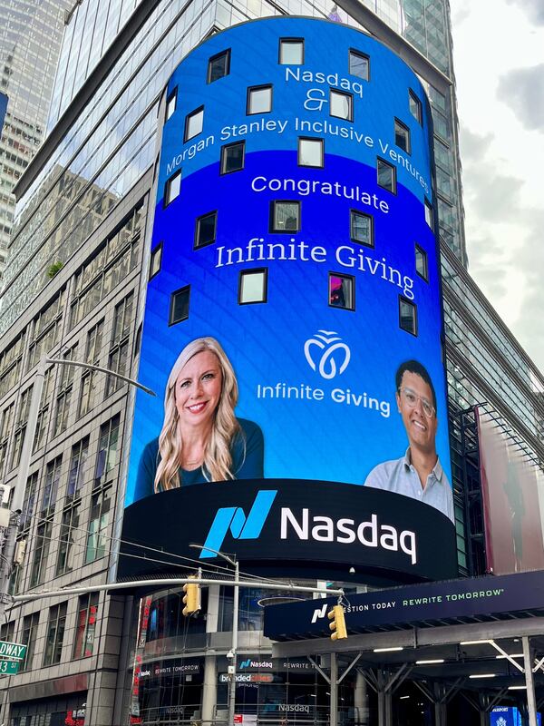 Morgan Stanley helped Infinite Giving be featured on a Nasdaq billboard as part of the Morgan Stanley Inclusive Ventures Lab. (Courtesy of Infinite Giving)