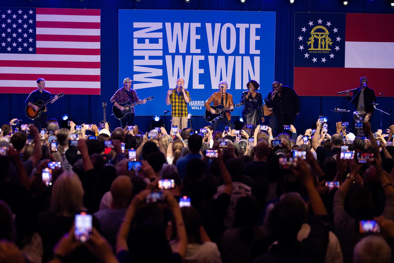 Jon Bon Jovi and R.E.M. frontman Michael Stipe perform at a campaign rally Sunday in Cobb County for the Democratic ticket. (Nathan Posner for The Atlanta Journal-Constitution)