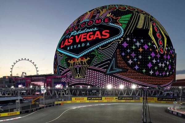 The Sphere welcomes Formula One fans before the third practice for the Las Vegas Grand Prix auto race on Nov. 17, 2023, in Las Vegas. (Ellen Schmidt/Las Vegas Review-Journal/TNS)